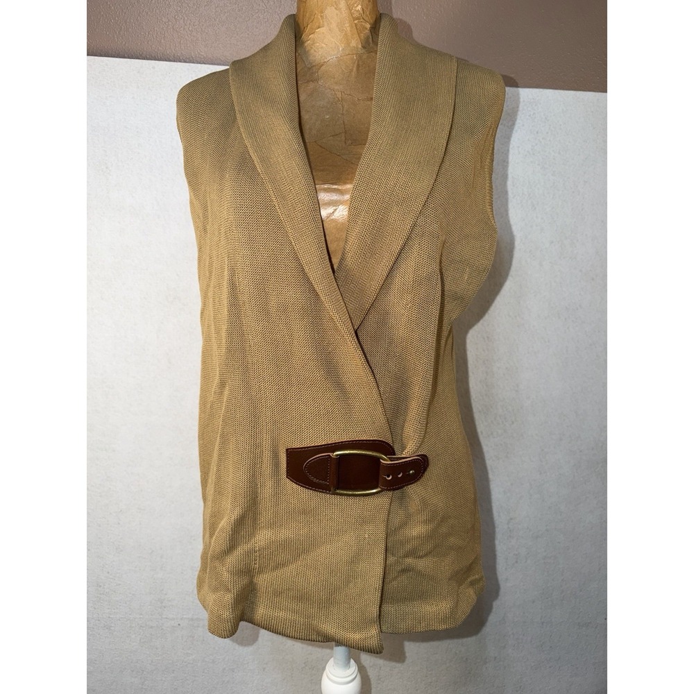 Lauren Ralph Lauren Camel Sleeveless Sweater Cardigan Leather Closure -MEDIUM